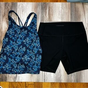 Floral Blue Tank Top and Black Shorts Set